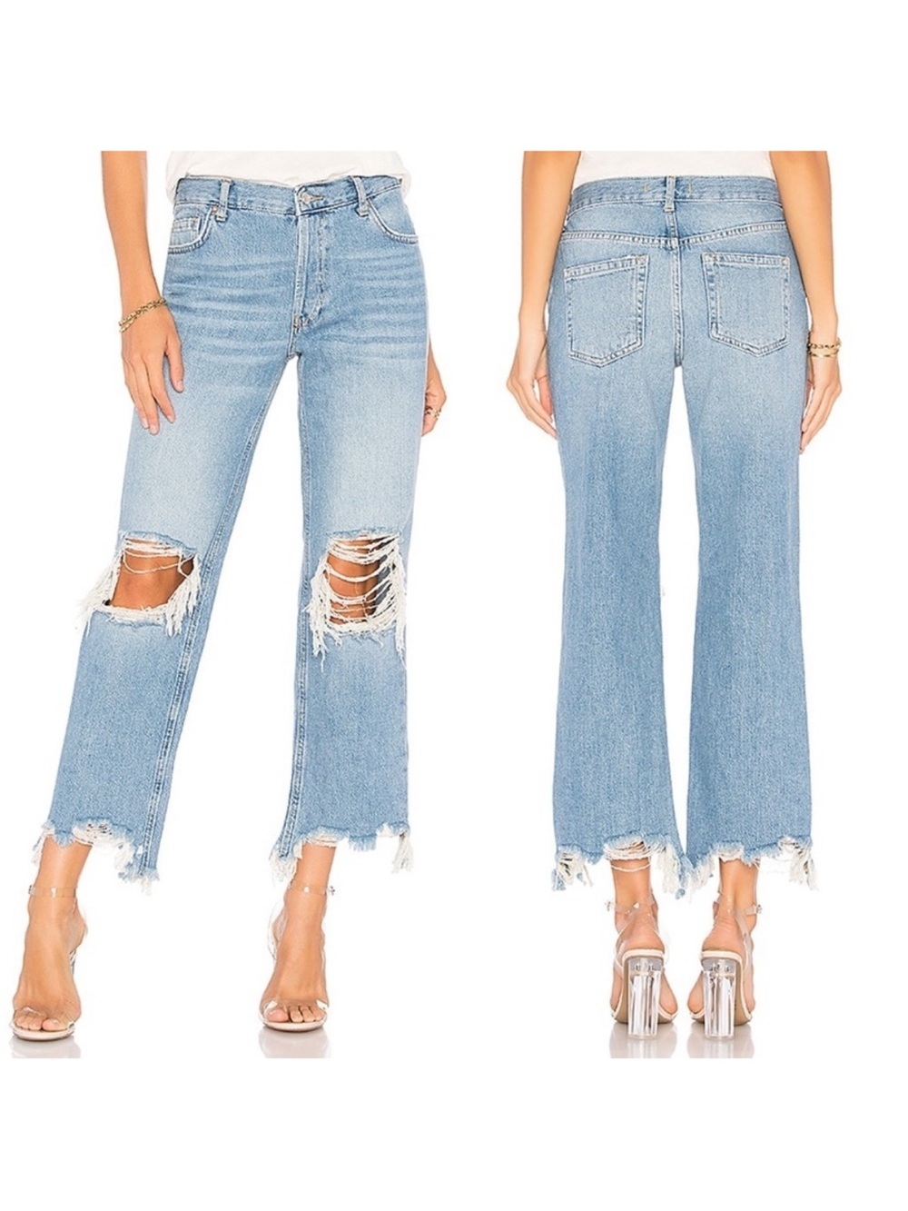 We The Free Light Blue Distressed Cropped Wide-Leg Jeans
